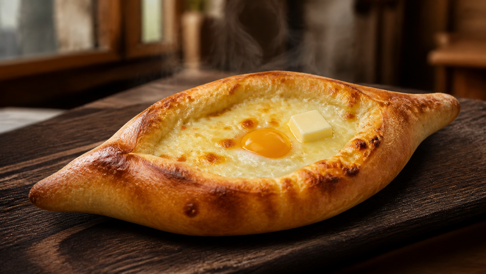 Хачапури по-аджарски с сыром, желтком и сливочным маслом